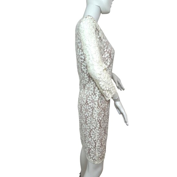 Vince Camuto Dress Lace Overlay Ivory Taupe 8 Above Knee Sheath 3/4 Sleeve Party - Picture 3 of 16